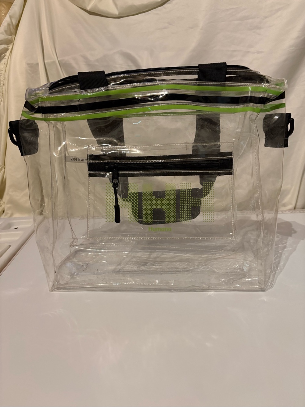 HHH Clear PVC Tote Bag with Lime Accent Front Zipper Pocket Concert/Rave Purse